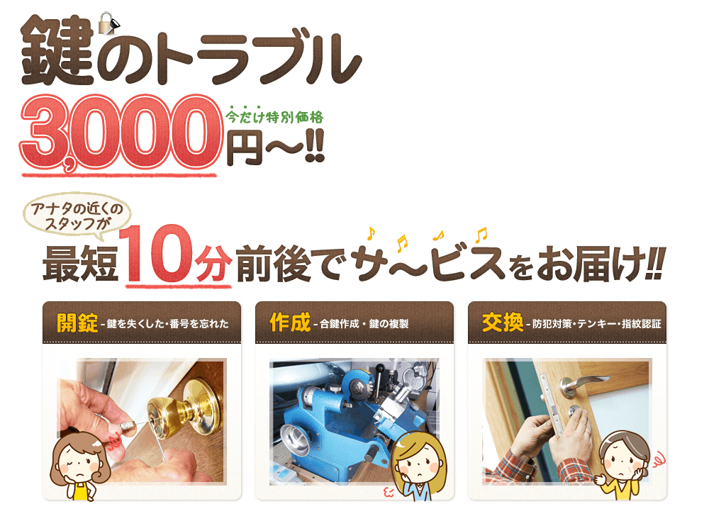 鍵のトラブル3,000円～!!最短10分前後でサ～ビスをお届け!!最短10分前後でサービスをお届け!!開錠･作成･交換